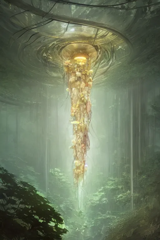 Image similar to A forest city inside of a jellyfish, intricate, elegant, digital painting, trending on Artstation, concept art, smooth, sharp focus, illustration, from Metal Gear by Ruan Jia and Mandy Jurgens and Artgerm and William-Adolphe Bouguerea, award winning