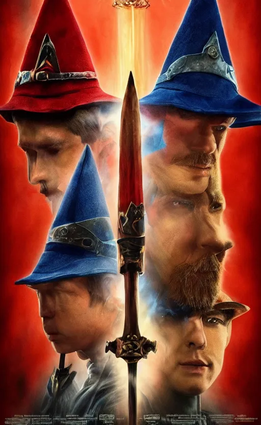 Image similar to a mind - blowing, epic movie poster, depicting a war between red and blue fantasy style wizards, wearing wizard hats, magic, cinematic, dnd, high quality