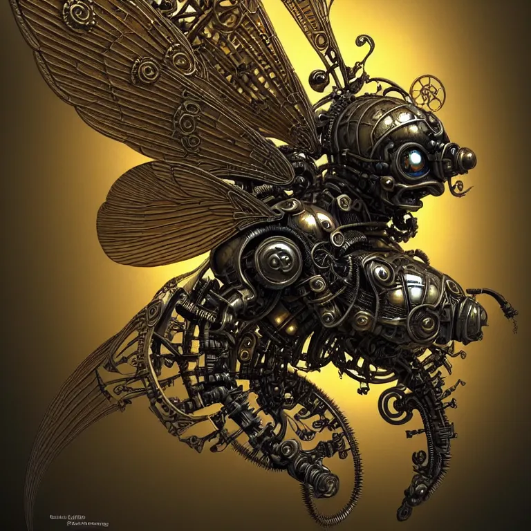 Image similar to steampunk cybernetic biomechanical bee with wings, 3 d model, very coherent symmetrical artwork, unreal engine realistic render, 8 k, micro detail, intricate, elegant, highly detailed, centered, digital painting, artstation, smooth, sharp focus, illustration, artgerm, tomasz alen kopera, wlop