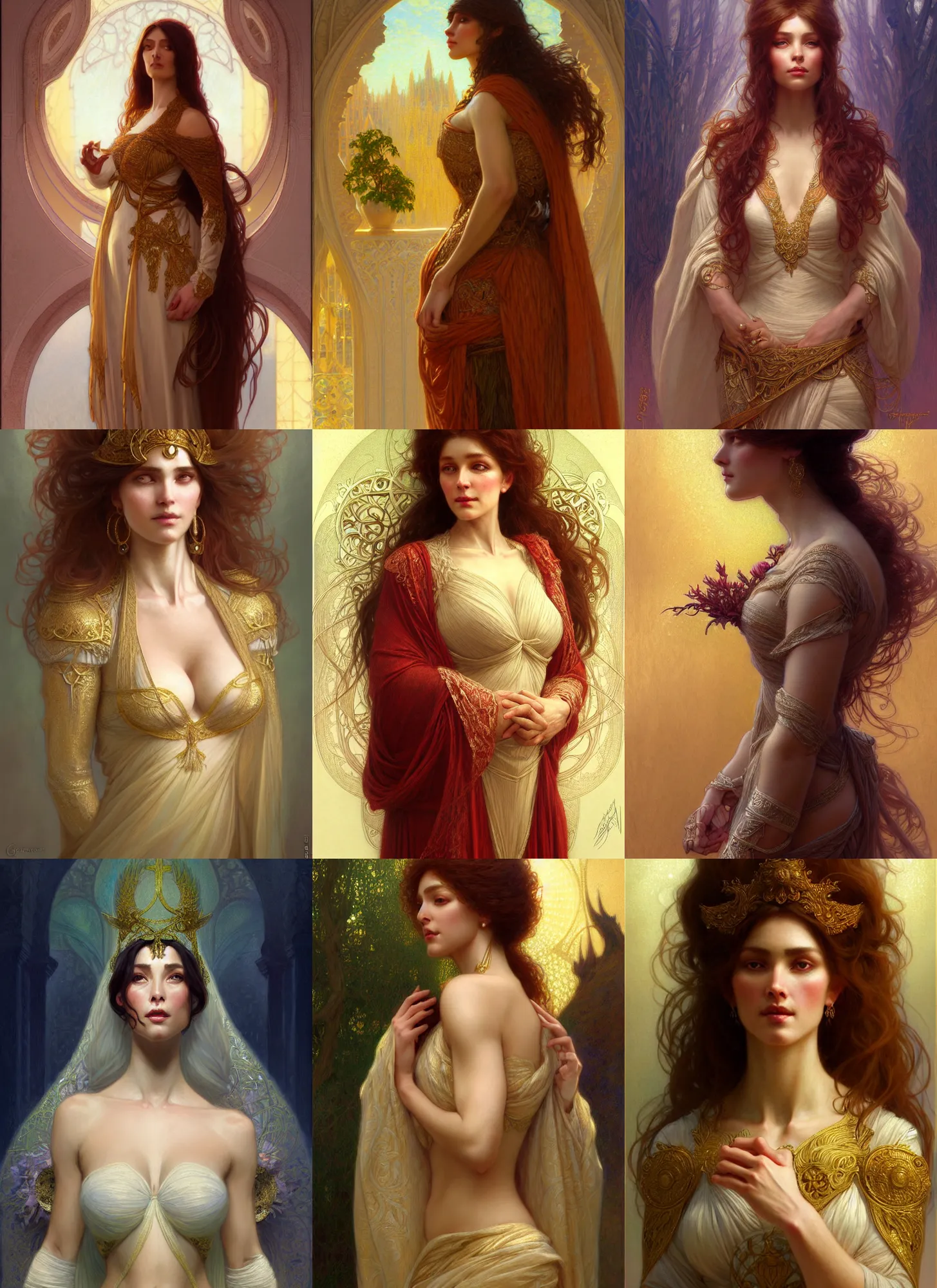 Image similar to character concept portrait of me as modest wife blessed by god to grow ever more intelligent beautiful voluminous muscular tall and virtuous. modestly clothed, intricate, elegant, highly detailed, digital painting, artstation, concept art, symmetry, smooth, sharp focus, illustration, art by gaston bussiere and alphone mucha