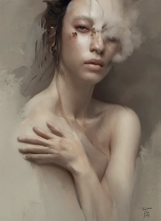 Prompt: portrait of beautiful woman dissolving, made of dust smoke ash, intricate, elegant, highly detailed, digital photography, art by artgerm ruan jia and greg rutkowski