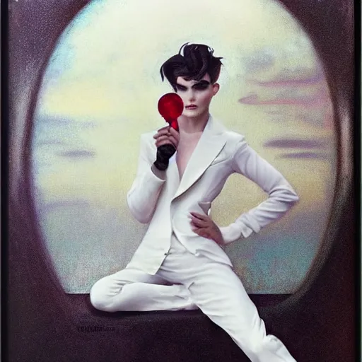 Image similar to beautiful portrait of androgynous ruby rose as desire from sandman in a white tuxedo!!!, rockabilly style,, by alphonse mucha, by jeremy mann, by peter lindbergh, cedric peyravernay, by frank moth, white suit and black tie, soft lightning, high detailed, 8 k