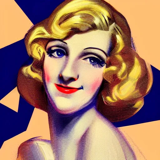 Image similar to smiling, happy, beautiful, intelligent, powerful, 1 9 2 0 s, blonde housewife, 2 8 years old, loving eyes, fully clothed, wise, beautiful, dramatic lighting, sharp focus, by stanley artgerm, dramatic lighting, trending on artstation, flat colour, geometric curves, gradient filter, art deco patterns