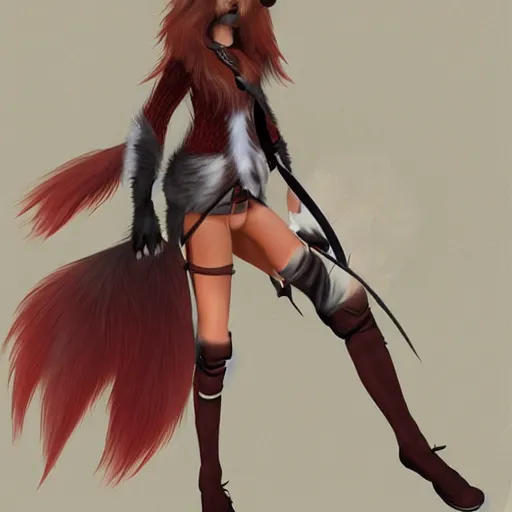 Prompt: anthro female red wolf with fluff tail adventurer, fantasy