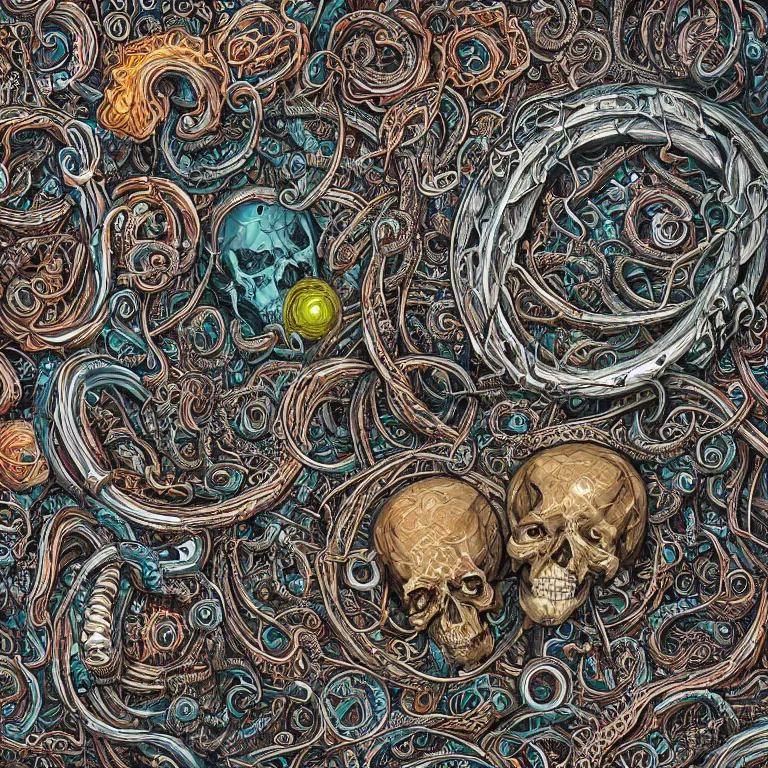 Prompt: a intricate structure of skulls and bone with deep and ornate rune carvings and braided lovecraftian tentacles around a massive hexagonal metal contraption with colorful and finely structured nylon string structures by dan mumford, colorful twirling smoke trails, a twisting vortex of dying galaxies, collapsing stars, digital art, photorealistic, vivid colors, highly detailed, intricate