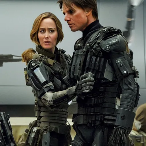 Image similar to emily blunt holding tom cruise's head, edge of tomorrow