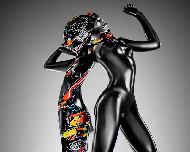 Image similar to extremely beautiful female black marble statue with colorful motocross logos behind her, sharp focus, clear, detailed,, cinematic, detailed, off white, glamourous, symmetrical, vogue, editorial, fashion, magazine shoot, glossy