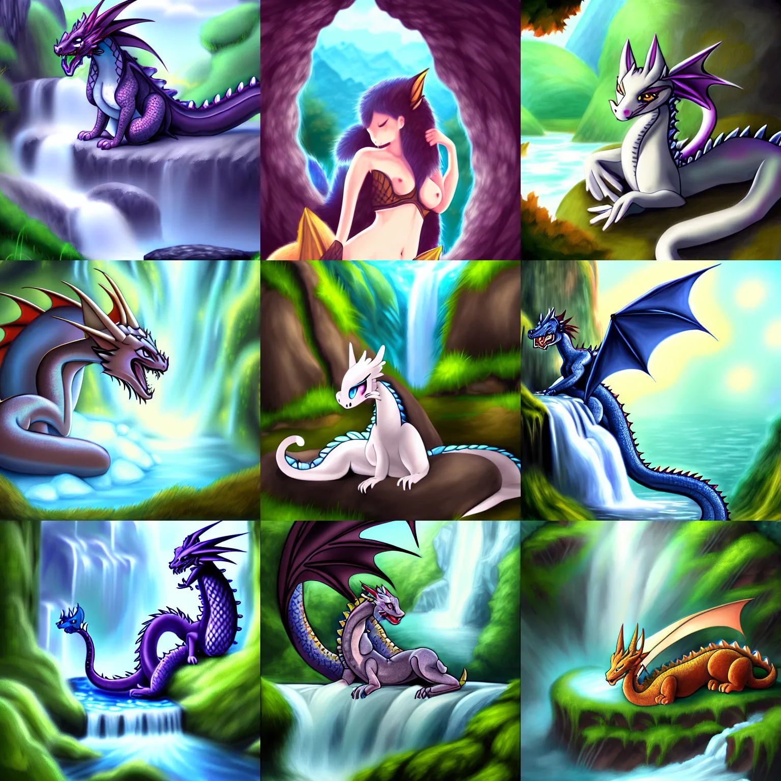 Prompt: furry art, female dragon sleeping by a waterfall, fursona commission, pixiv, furaffinity, portrait