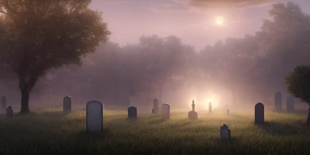 Image similar to large glowing iphone tombstones preserving incubating body of last female human in existence. sci - fi gothic terrarium cemetery, serene morning mist, pastel sunrise, volumetric lighting, octane render, by greg rutkowski, william adolphe bouguereau, gerald brom, gustave dore,