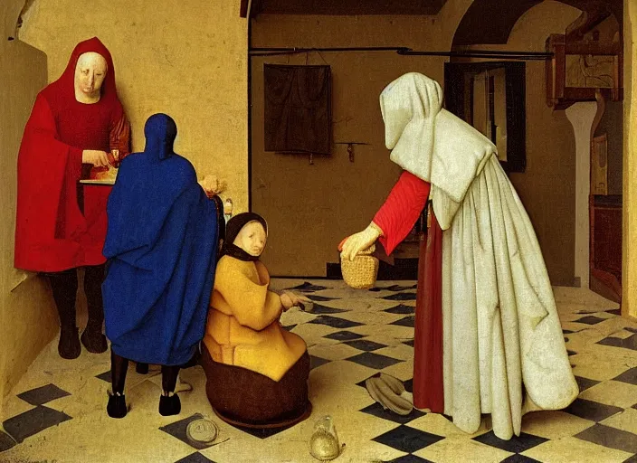 Image similar to A medieval old woman healer treats a boy with herbs, medieval painting by Jan van Eyck, Johannes Vermeer, H 1200