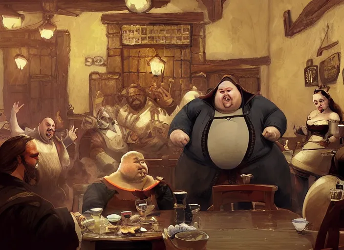 Prompt: medieval obese kingpin sitting in a tavern with his thugs, drinking and cheering, elegant, digital painting, concept art, smooth, sharp focus, illustration, from starcraft by ruan jia and mandy jurgens and artgerm and william - adolphe bouguerea