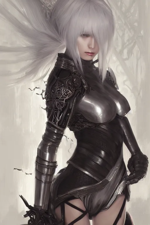 Prompt: portrait Ninja gaiden white hair girl, armored ninja wardrobe, in ruin japanese rainny temple night, ssci-fi and fantasy, intricate and very very beautiful and elegant, highly detailed, digital painting, artstation, concept art, smooth and sharp focus, illustration, art by tian zi and WLOP and alphonse mucha