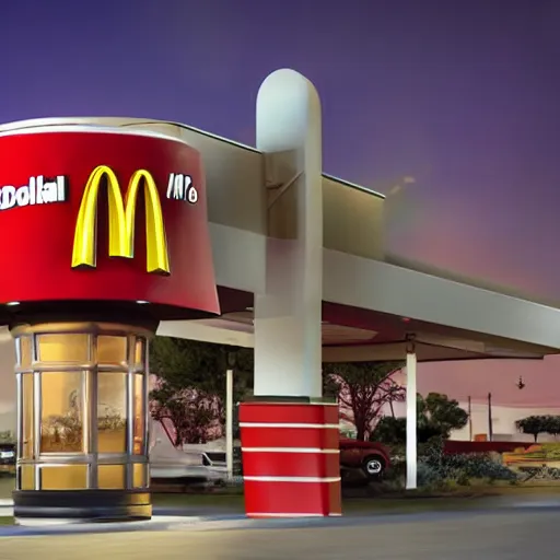 Image similar to commercial ad photo of a mcdonald's drive through in the moon starring lightyear steampunk style