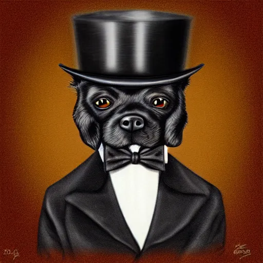 Prompt: portrait of a black dog wearing a suit and a top hat and a monocle on one eye, digital painting, duotone