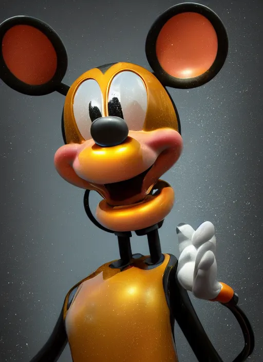 Image similar to mickey mouse head, fractal, broken, wet, mycelium, radiant alien, rococo, baroque, automotive, bio-mechanical, porcelain, iridescent sub surface scattering, octane render