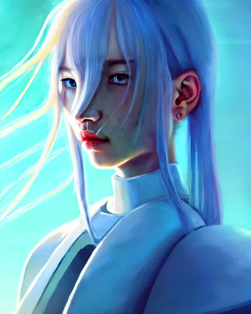 Image similar to perfect android girl family, full body character design, artgem, scifi, futuristic design, bae suzy, long white hair!!!, blue eyes, bold fashion and strong silhouettes, cinematic lighting, highly detailed, artstation, divine, by huifeng huang, beeple, goro fujita, smooth gradient.