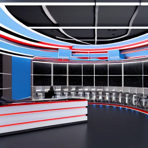 Prompt: big sports news tv studio, architecture, concept art, high detail, render, bright lights, sharp lines, set design