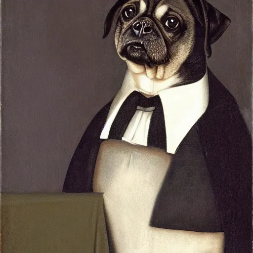 Prompt: a portrait of black pugalier dog wearing suit and tie, by vermeer,