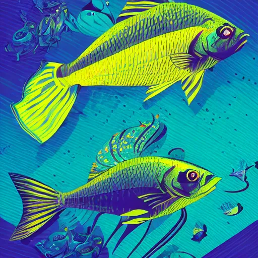 Image similar to one stylized fish with saturated colors viewed in profile in the dark ocean filled with complex sparkles and patterns, artstation, intricate, realistic, highly detailed, digital painting, concept art, sharp focus, low poly, illustration by tom whalen and charles williams and kilian eng and james jean