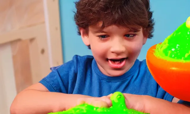 Image similar to kid playing with slime monster, realistic, toy commercial photo