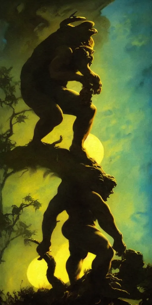 Prompt: by frazetta , close up of realistic hunchback , full body backlight ,top light ,full body portrait ,highly textured oil painting ,jungle ,cyan graveyard with backlight from the moon ,foggy background ,with dramatic sky ,clouds and giant oversized moon and storm