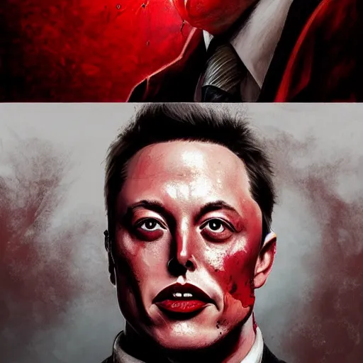 Prompt: portrait of elon musk upper body in bloody business suit, blood red eyes, vampire fangs, fantasy, intricate, elegant, highly detailed, digital painting, artstation, concept art, matte, sharp focus, illustration, art by aenaluck and roberto ferri and greg rutkowski, epic fantasy, digital painting