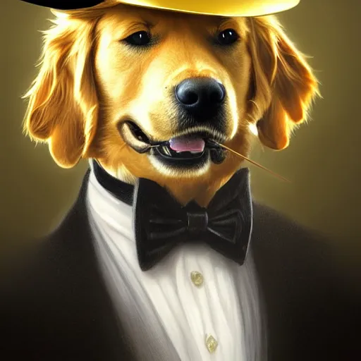 Image similar to close portrait of golden retriever dog, wearing a top hat, wearing a monocle over one eye, smiling, vaporwave, highly detailed, digital painting, artstation, concept art, smooth, sharp focus, illustration, art by artgerm and greg rutkowski and alphonse mucha