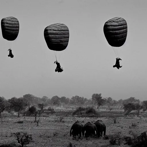 Image similar to photo of elephant paratroopers parachuting behind enemy lines