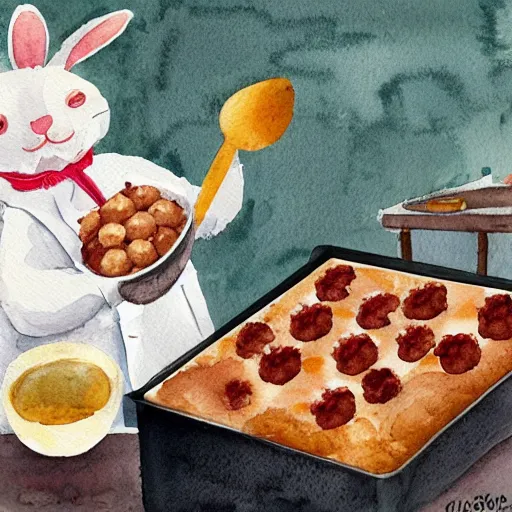 Prompt: a rabbit cooking mashed potatoes and meatballs in a cozy french kitchen, realistic watercolour