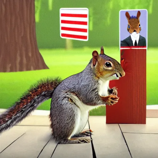 Prompt: a squirrel discusses international affairs, wearing a suit, on the evening news, realistic television still