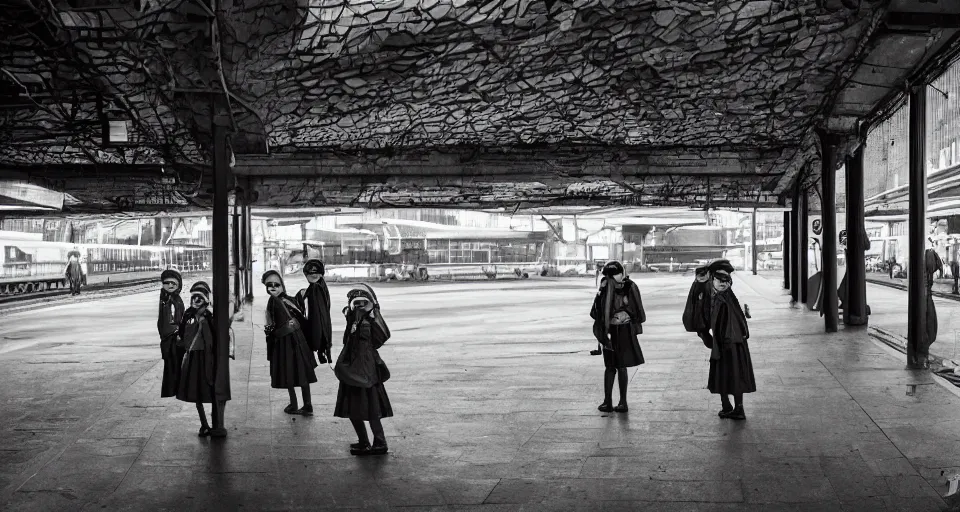 Prompt: School girls waiting on a urban train station, gloomy and misterious atmosphere