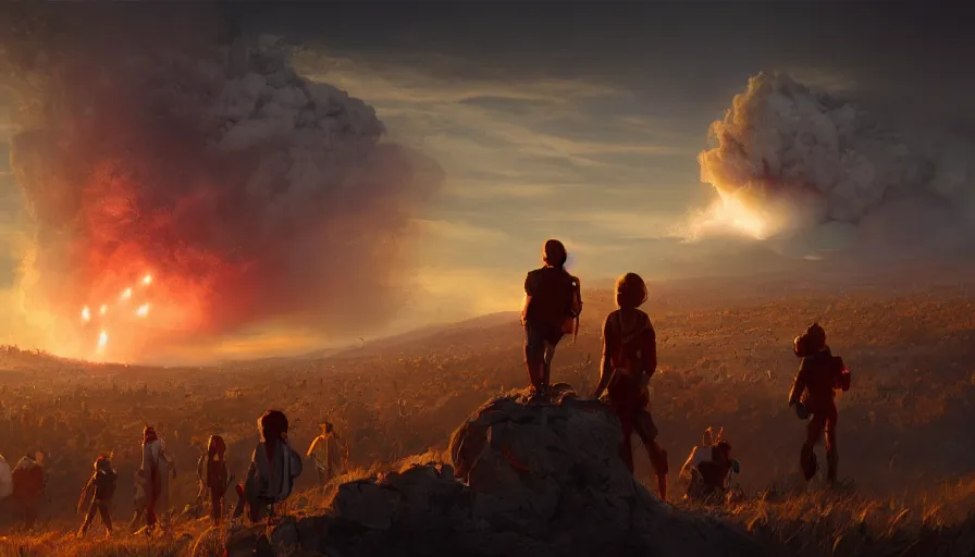 Prompt: people on a hill watching humongous explosion in the distance at night, hyperdetailed, artstation, cgsociety, 8 k