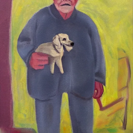 Image similar to an old man with a dog, expressionist, oil on canvas