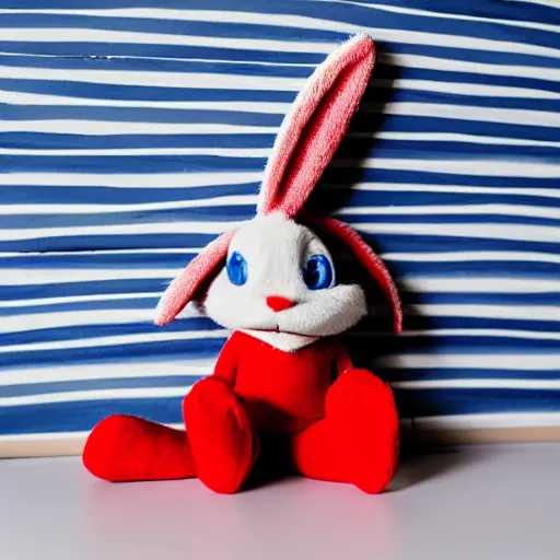 Prompt: photo of a bugs bunny toy sitting infront of a red wall with blue stripes.