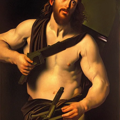 Image similar to Jesus Christ as Rambo a rocket launcher ,Caravaggio