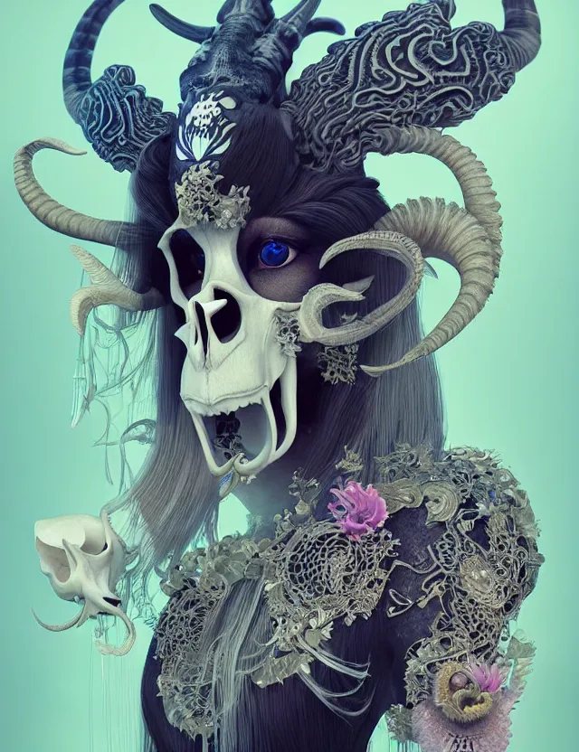 Image similar to 3 d goddess goat skull half - turn portrait with long hair with ram skull. beautiful intricately detailed japanese crow kitsune mask and clasical japanese kimono. betta fish, jellyfish phoenix, bio luminescent, plasma, ice, water, wind, creature, artwork by tooth wu and wlop and beeple and greg rutkowski