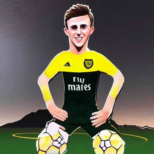 Prompt: “A realistic photo of English football player Mason Mount as a humanoid android with shiny skin and wearing his soccer uniform close up very detailed”