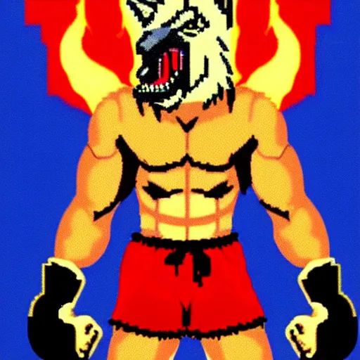 Image similar to full body portrait. 8 bit graphics. antropomorphic muscular masculine wolf. kickboxer fighter, in shorts. wolf head. furr on body. at night. burning houses on background, dark colors, 1 9 8 9