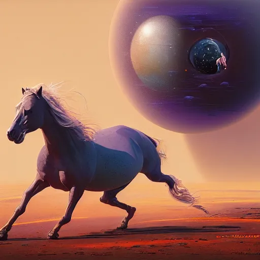 Image similar to the horse is a sphere, in a space vacuum, hyperrealism, no blur, 4 k resolution, ultra detailed, style of ron cobb, adolf hiremy - hirschl, syd mead, ismail inceoglu, rene margitte