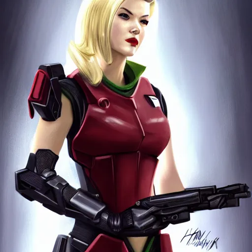 Image similar to A combination of Ada Wong's and Grace Kelly's and Katheryn Winnick's appearances with blonde hair wearing Master Chief's armor from Halo, high tech, action shot, angular, full body portrait, futuristic, dramatic, fantasy, intricate, elegant, highly detailed, digital painting, artstation, concept art, sharp focus, illustration, 8K, art by Donato Giancola and James Gurney