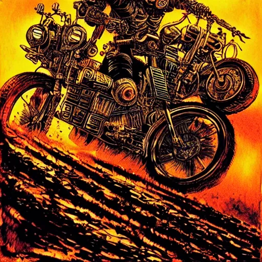 Prompt: infernal motorbikers, atmospheric lighting, painted, intricate, golden hour, ultra detailed by philippe druillet