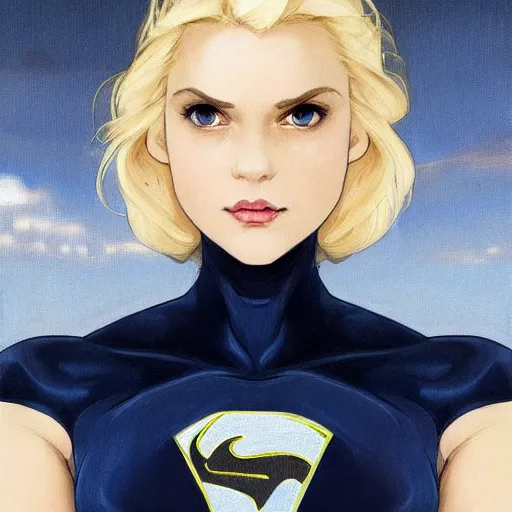 Prompt: a beautiful portrait of a beautiful cute superhero woman, blonde hair, matte navy - blue bodysuit with a white cape and white shoulders, intricate, elegant, 8 k, hdr, vivid colors, highly detailed, digital painting, concept art, smooth, sharp focus, illustration, disney, by artgerm and loish and wlop and alphonse mucha