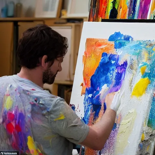 Image similar to An artist is standing in his studio furiously throwing paint around, in the background you can see numerous canvases with simple cat drawings