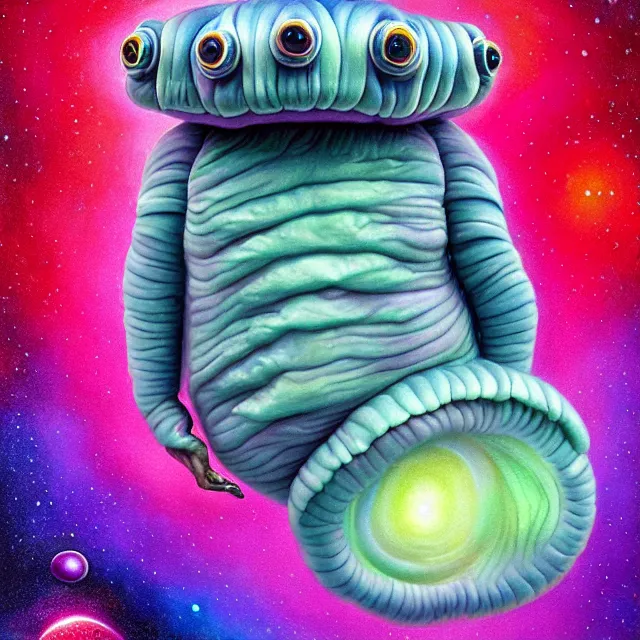 Image similar to a highly detailed tardigrade, it has rainbow hair and a beautiful unconventional face, floating through deep space, elegant, hyperrealistic, digital painting, artstation, realism, concept art, pop, smooth, mythological, sharp focus, qualia, illustration, art by mark ryden 3 d 8 k ultra detailed