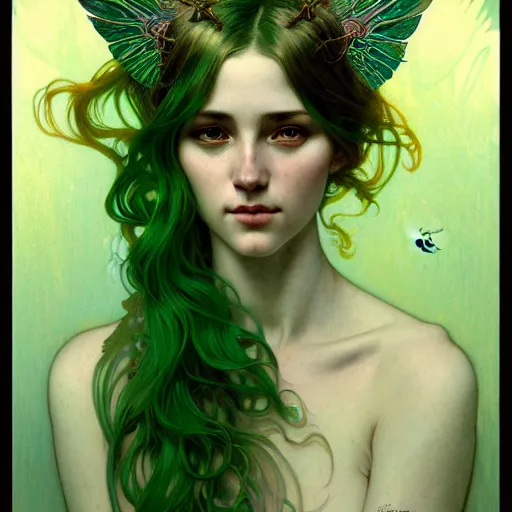 Image similar to Portrait of a girl with green hair and glowing halo and highly detailed intricate wings, art nouveau, fantasy, intricate, elegant, highly detailed, digital painting, artstation, concept art, smooth, sharp focus, illustration, art by Krenz Cushart and Artem Demura and alphonse mucha