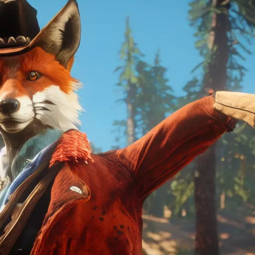 Image similar to video game screenshot of an anthropomorphic fox wearing western clothing as a character in red dead redemption 2