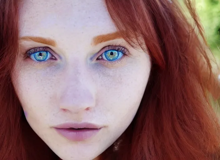 Prompt: close up portrait photograph of a anesthetic beautiful!!! thin young redhead woman with russian descent, sunbathed skin, symmetric face!! with deep blue ((Symmetric round eyes!! )) . Wavy long maroon colored hair. she looks directly at the camera. Slightly open mouth, face takes up half of the photo. a park visible in the background. 55mm nikon. Intricate. Very detailed 8k texture. Sharp. Cinematic post-processing. Award winning portrait photography. Sharp eyes.