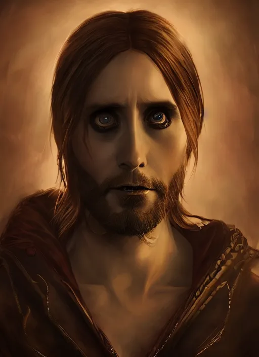 Prompt: A fantasy comic book style portrait painting of Jared Leto as a vampire race in a atmospheric dark fortress, unreal 5, DAZ, hyperrealistic, octane render, RPG portrait, ambient light, dynamic lighting