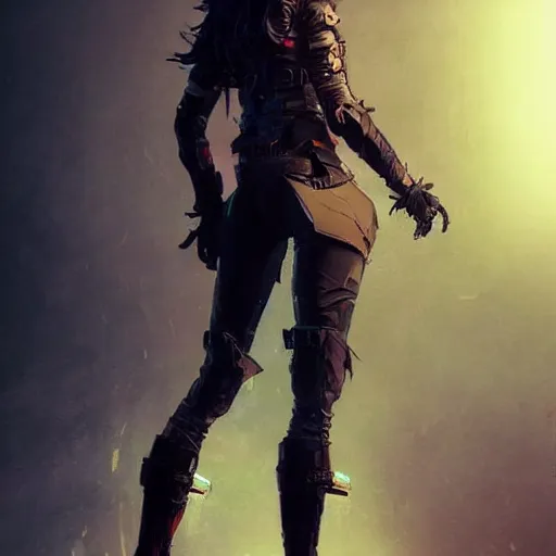 Image similar to full body portrait of an elf woman with elf ears wearing a leather jacket, cyberpunk digital art, dramatic lighting, illustration by Greg rutkowski, yoji shinkawa, 4k, digital art, concept art, trending on artstation