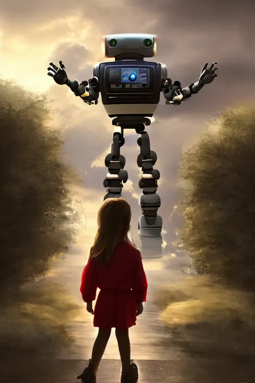 Prompt: Little girl with a bow holding her brother-robot's hand looking up to the gigantic robot's memorial whose head is almost hidden in the clouds. Golden hour. Sci-fi 4K digital 3D paint. Trending on ArtStation. Concept art. Award-winning.